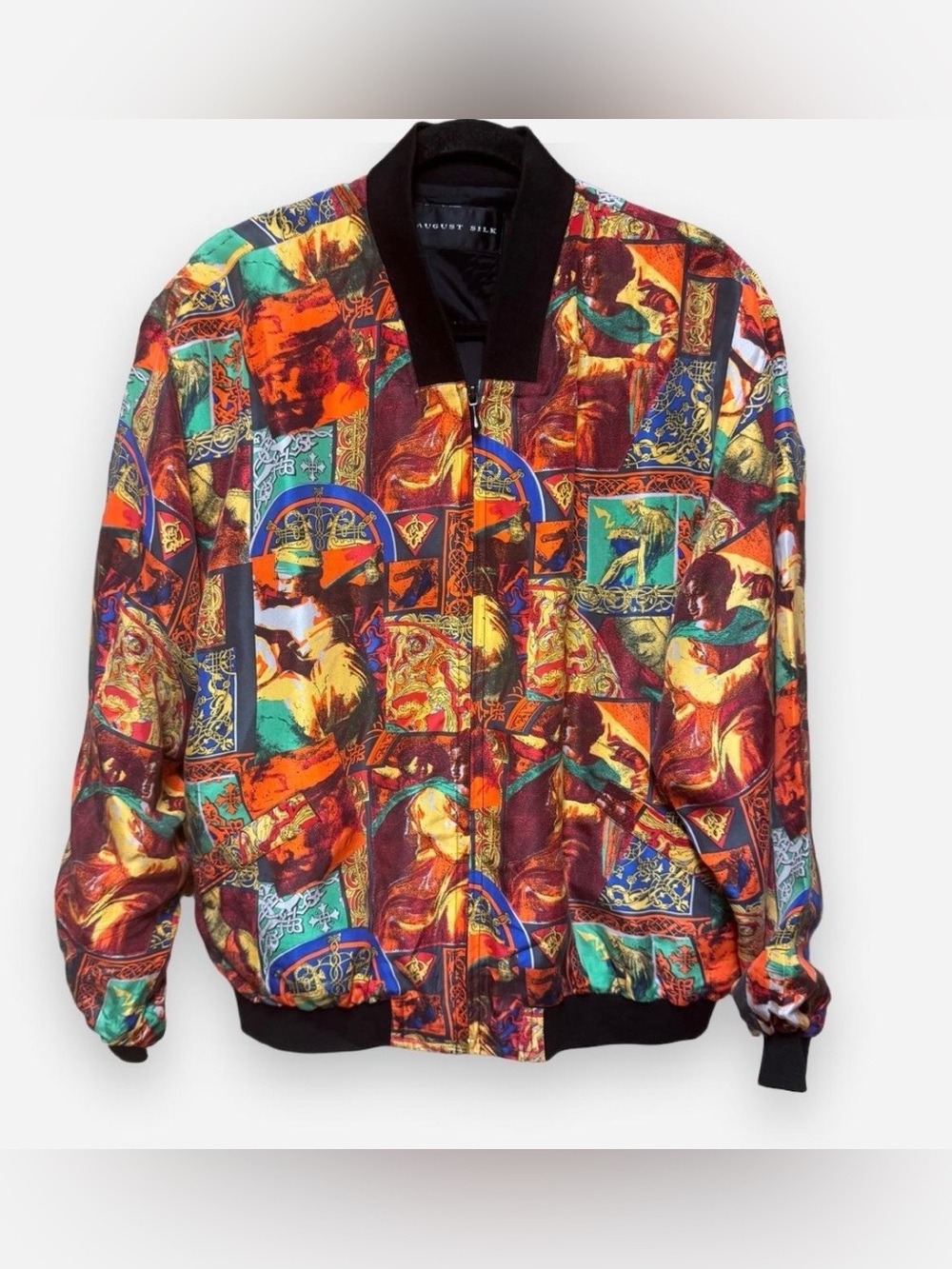 Vintage August Silk Renaissance Art Patterned Silk Bomber Jacket